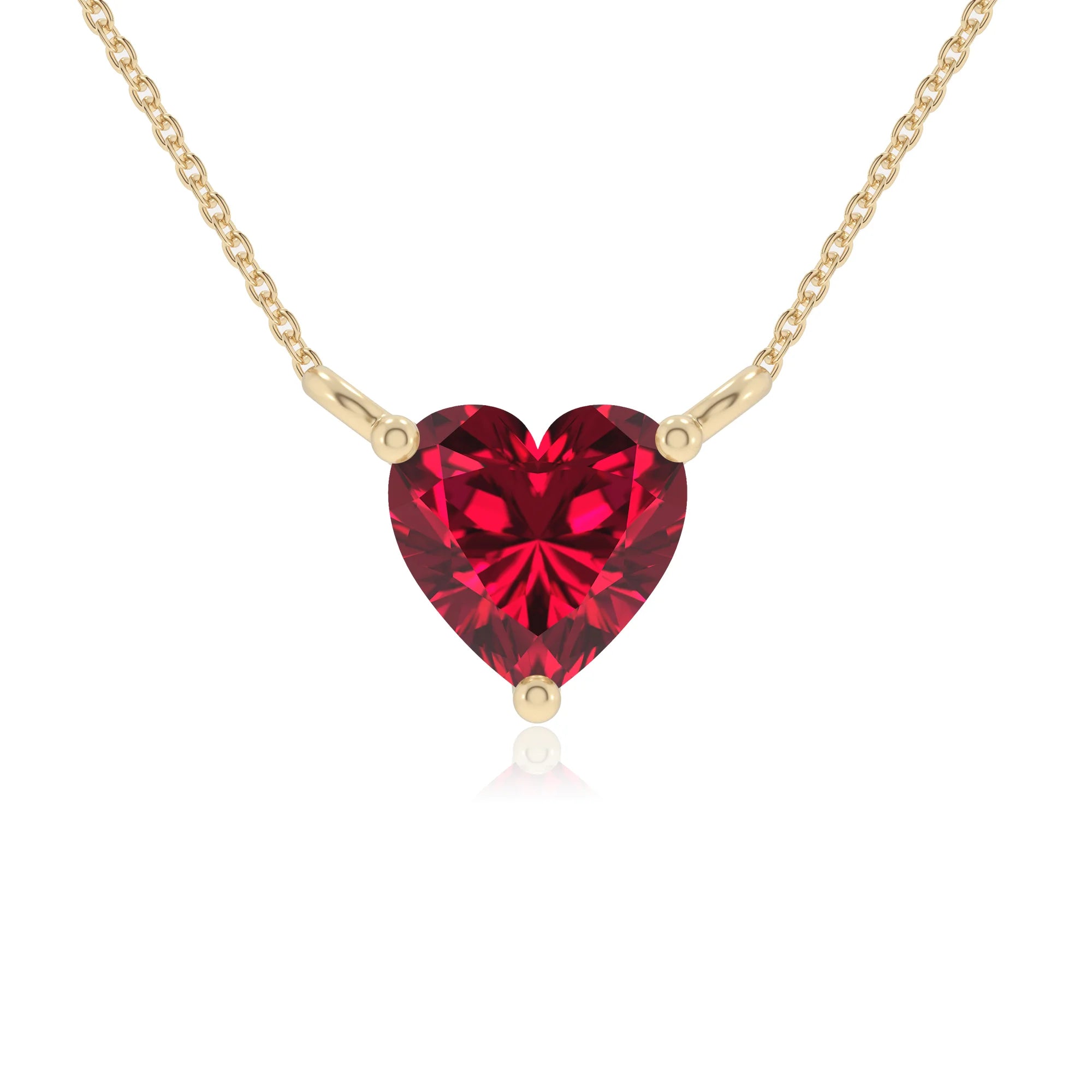 lab grown ruby heart solitaire necklaces in yellow gold 