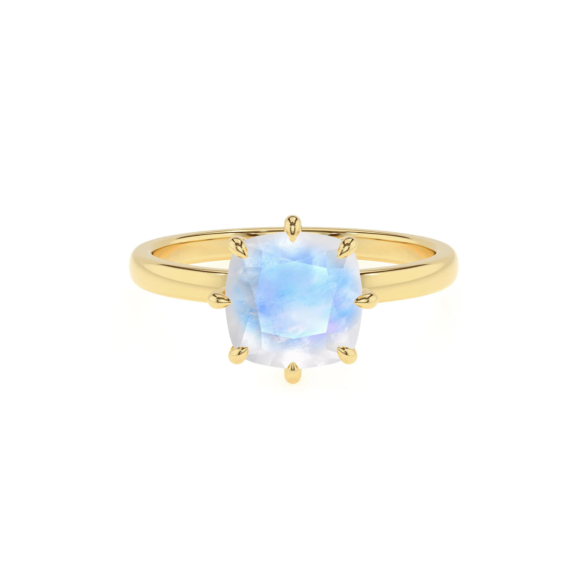 natural rainbow-moonstone cushion solitaire rings in yellow gold 