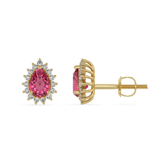 lab grown pink tourmaline pear stud earrings in yellow gold 