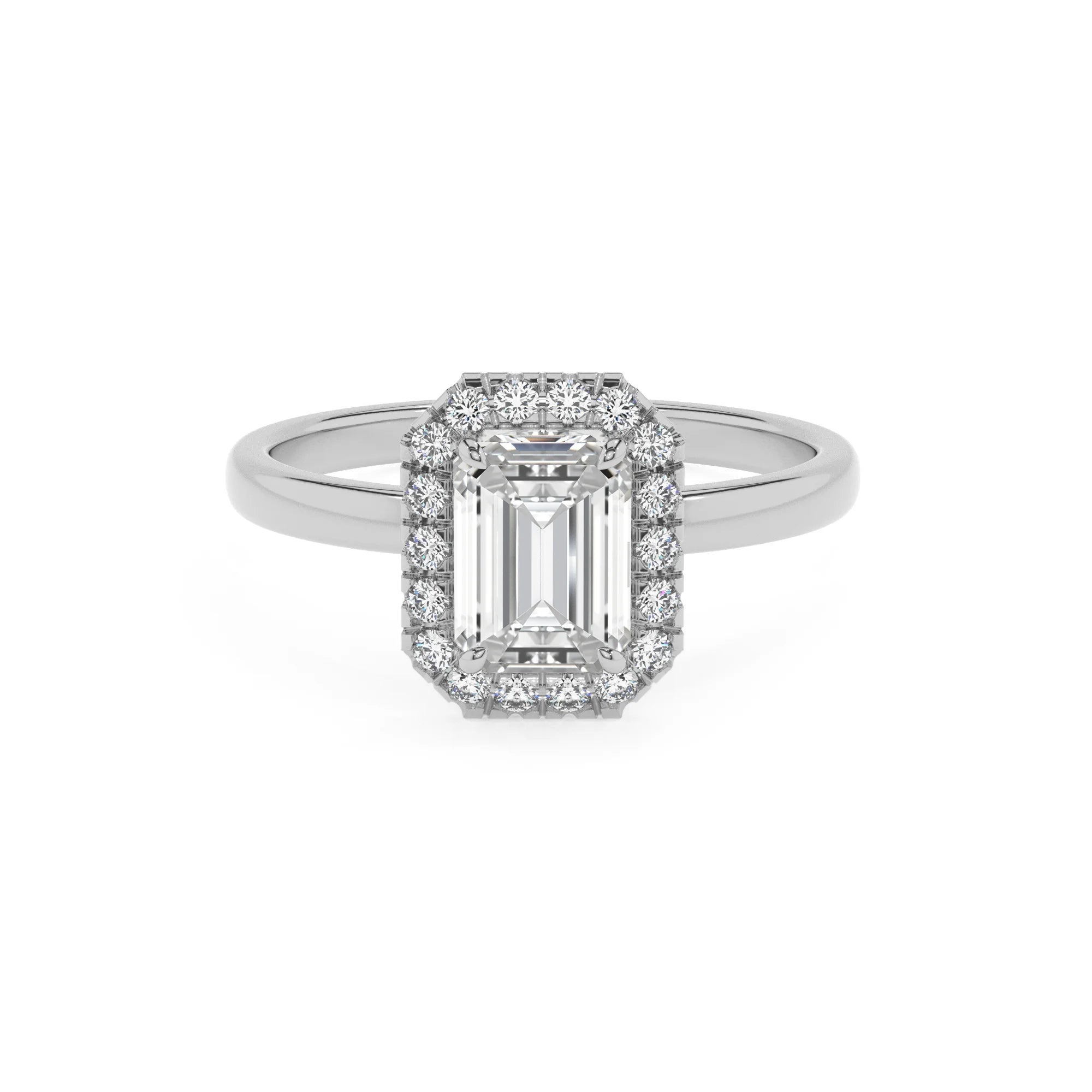 lab grown moissanite emerald cut solitaire rings in white gold 