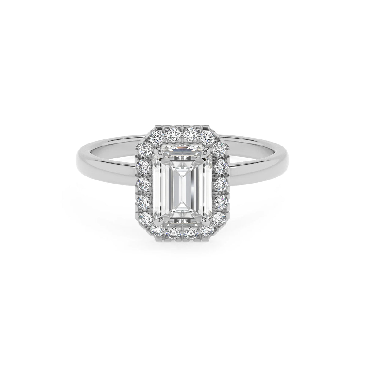lab grown moissanite emerald cut solitaire rings in white gold 