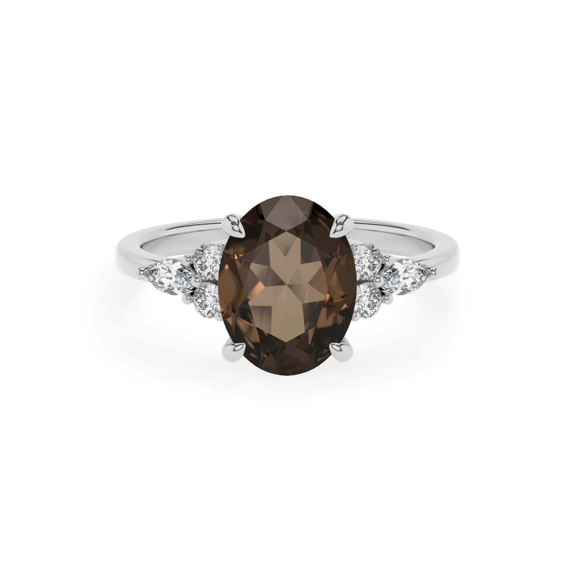 natural smoky-quartz oval solitaire rings in white gold 