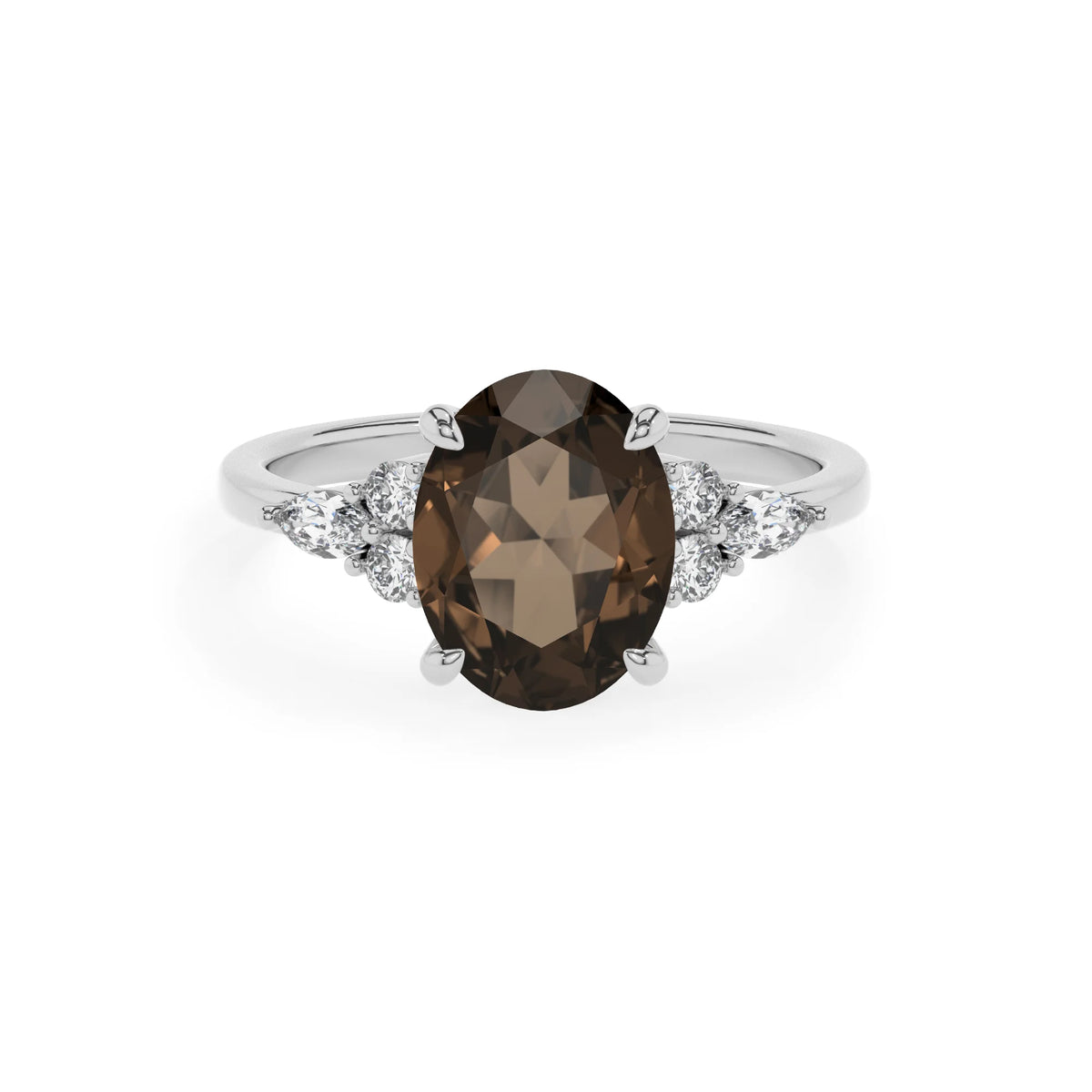 natural smoky-quartz oval solitaire rings in white gold 