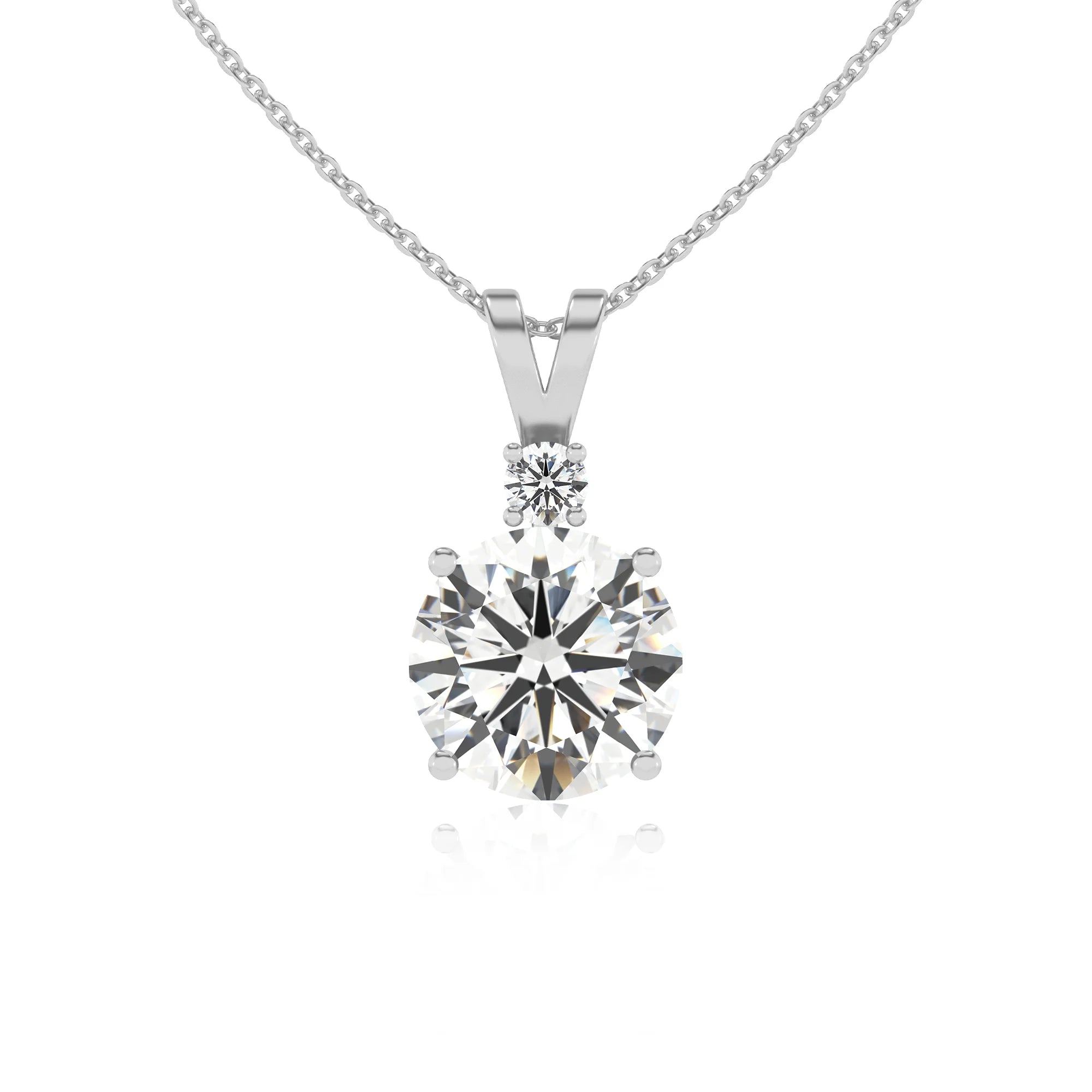 lab grown moissanite round solitaire v-bale necklaces in sterling silver 