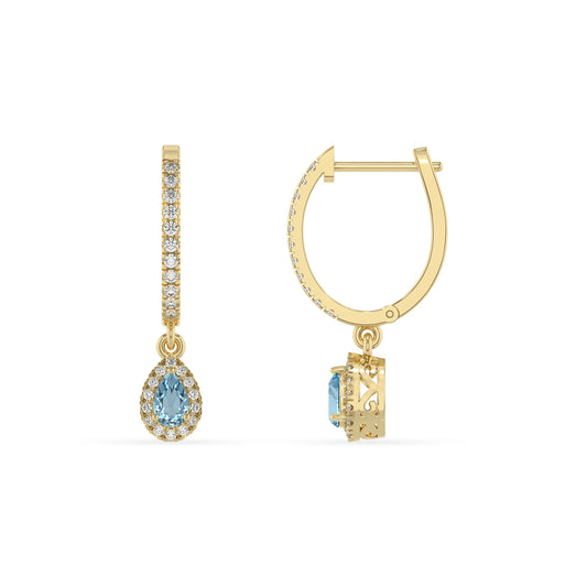 lab grown aquamarine pear drop earrings in yellow gold 
