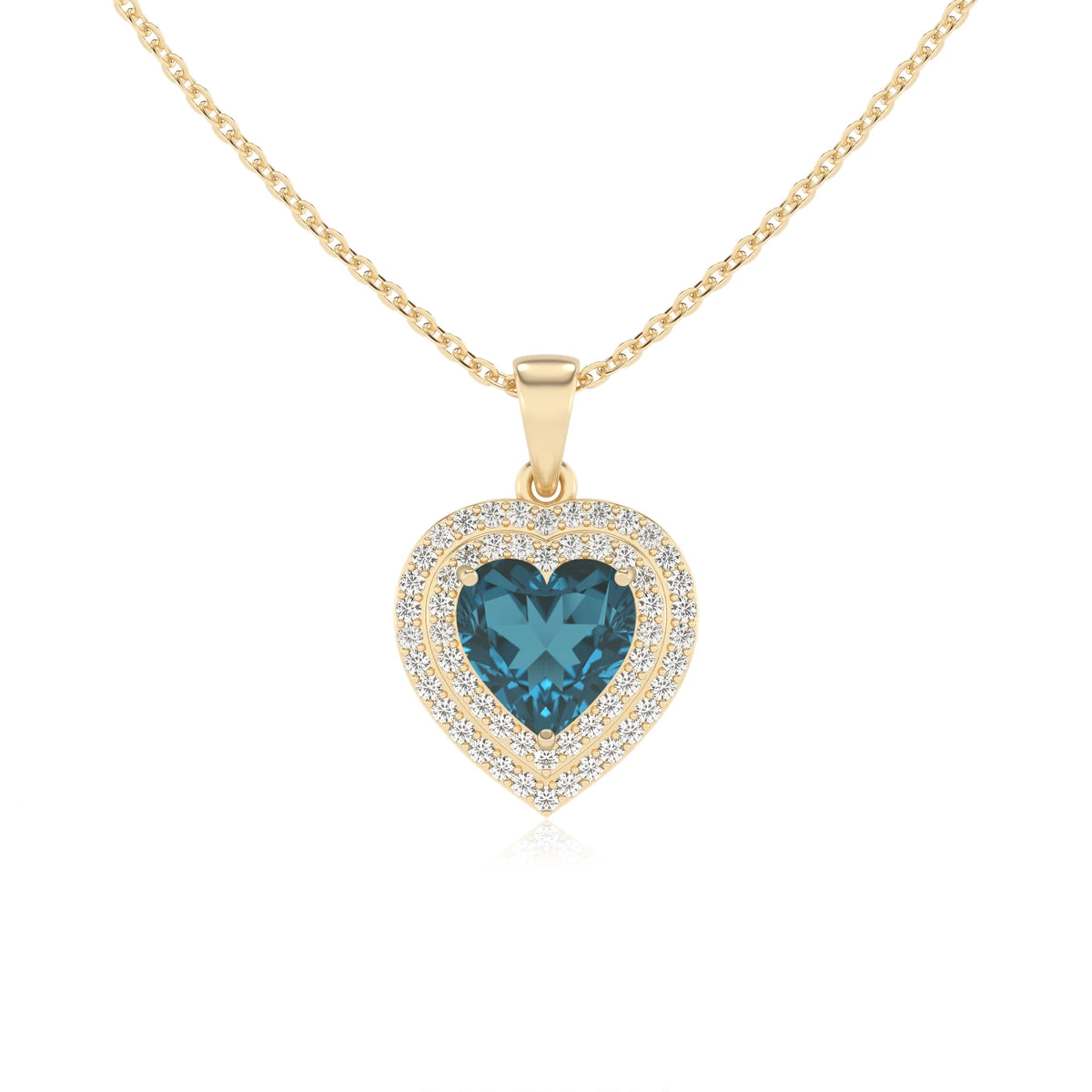 natural london blue topaz heart halo necklaces in yellow gold 