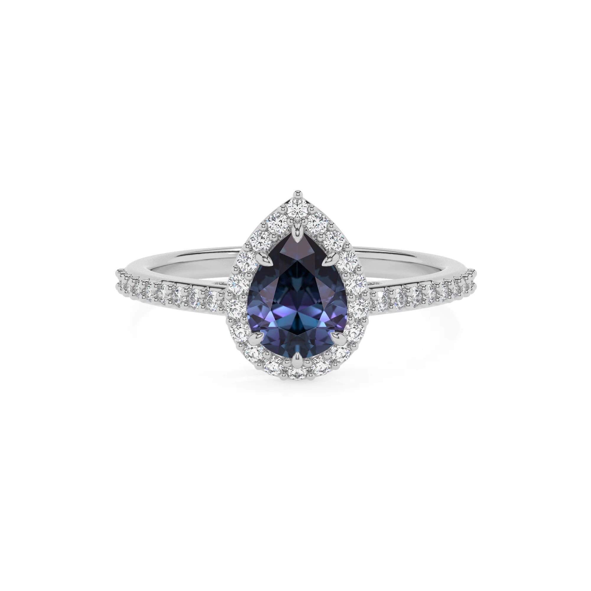 lab grown alexandrite pear solitaire rings in platinum 
