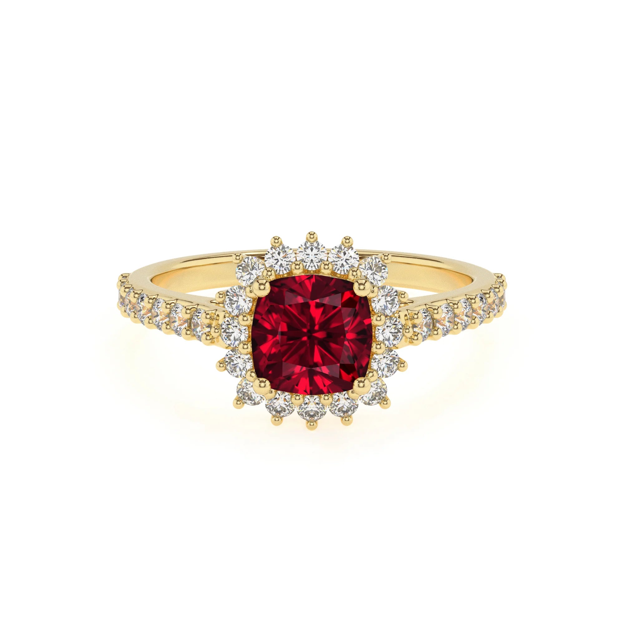 lab grown ruby cushion solitaire rings in yellow gold 
