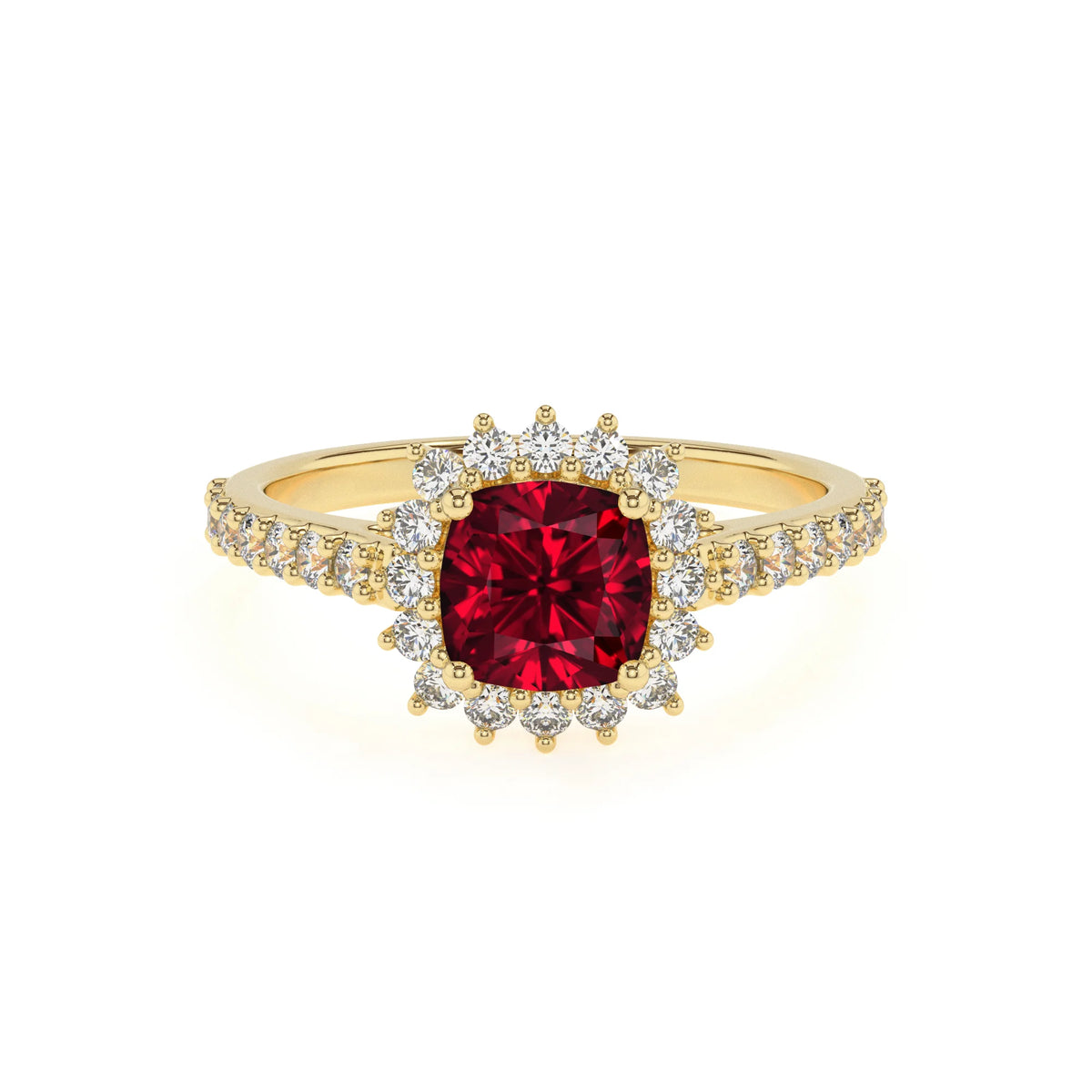 lab grown ruby cushion solitaire rings in yellow gold 