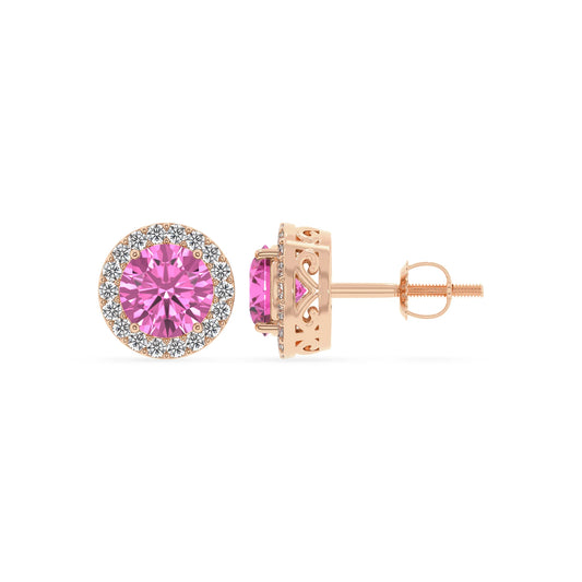 lab grown pink sapphire round stud earrings in rose gold 