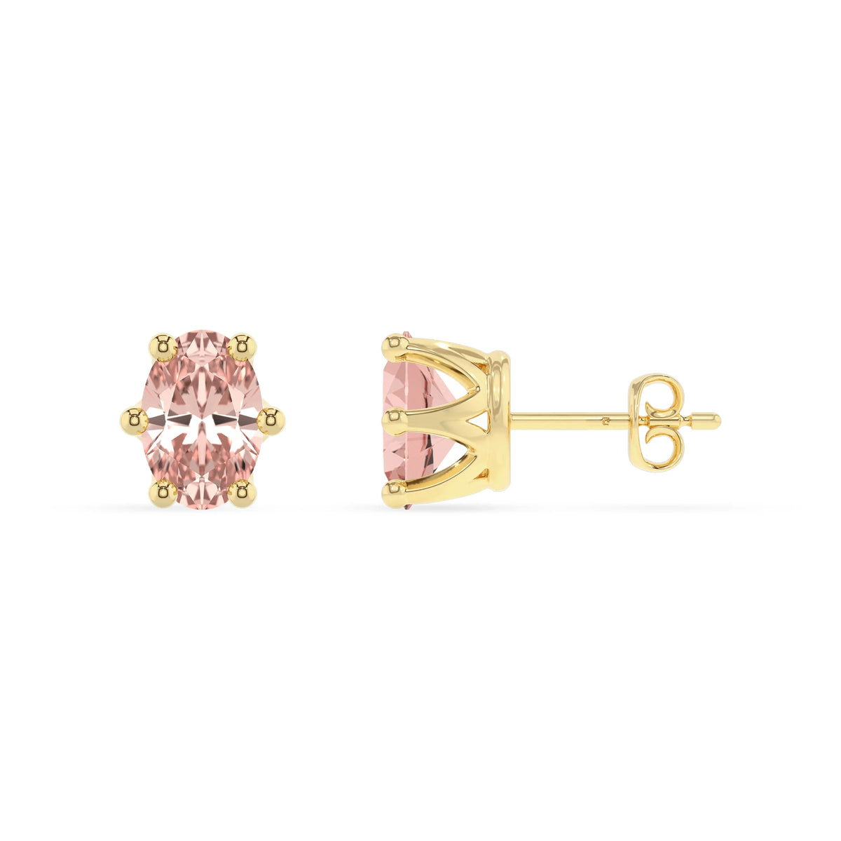 lab grown morganite oval stud earrings in yellow gold 