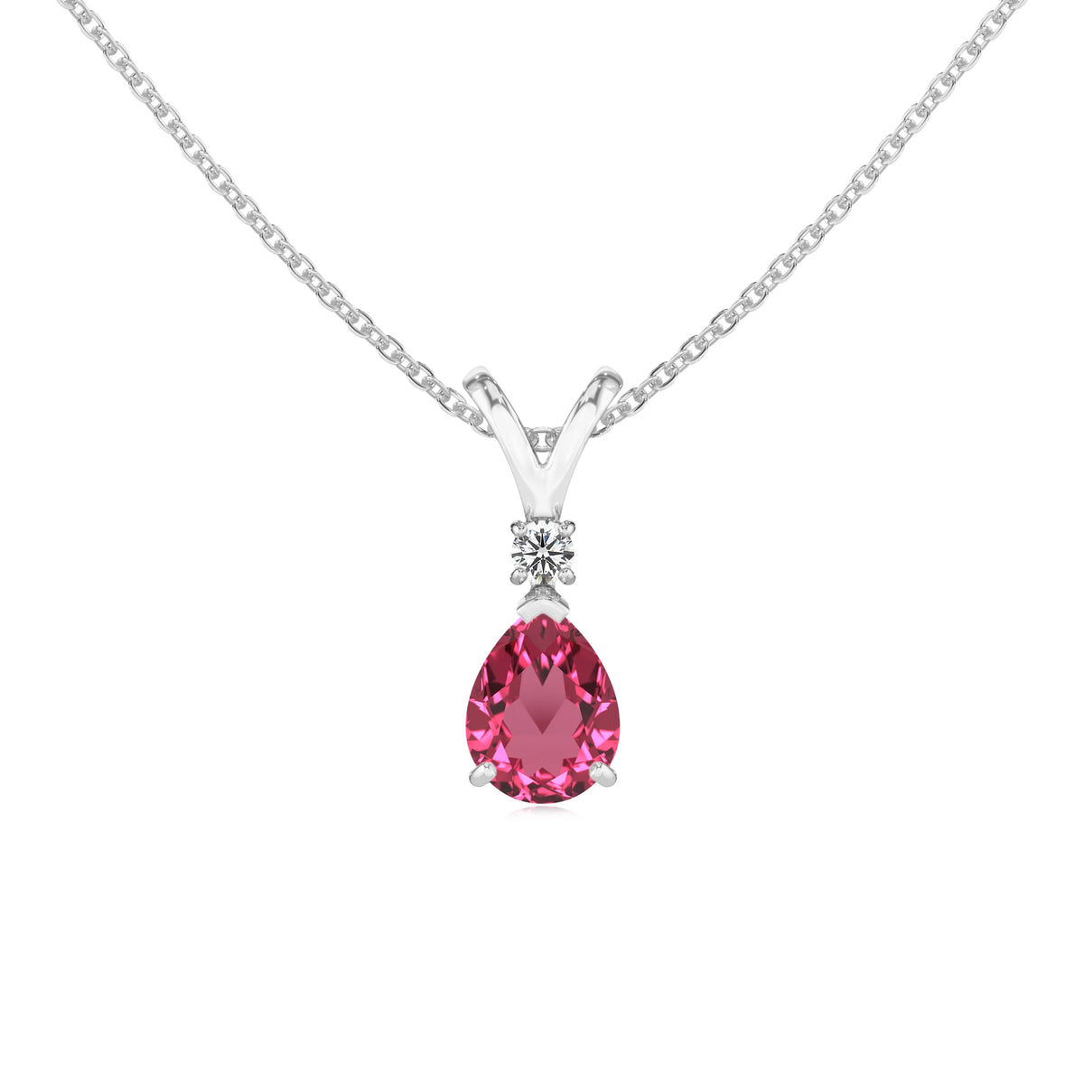 lab grown pink-tourmaline pear solitaire v-bale necklaces in sterling silver 
