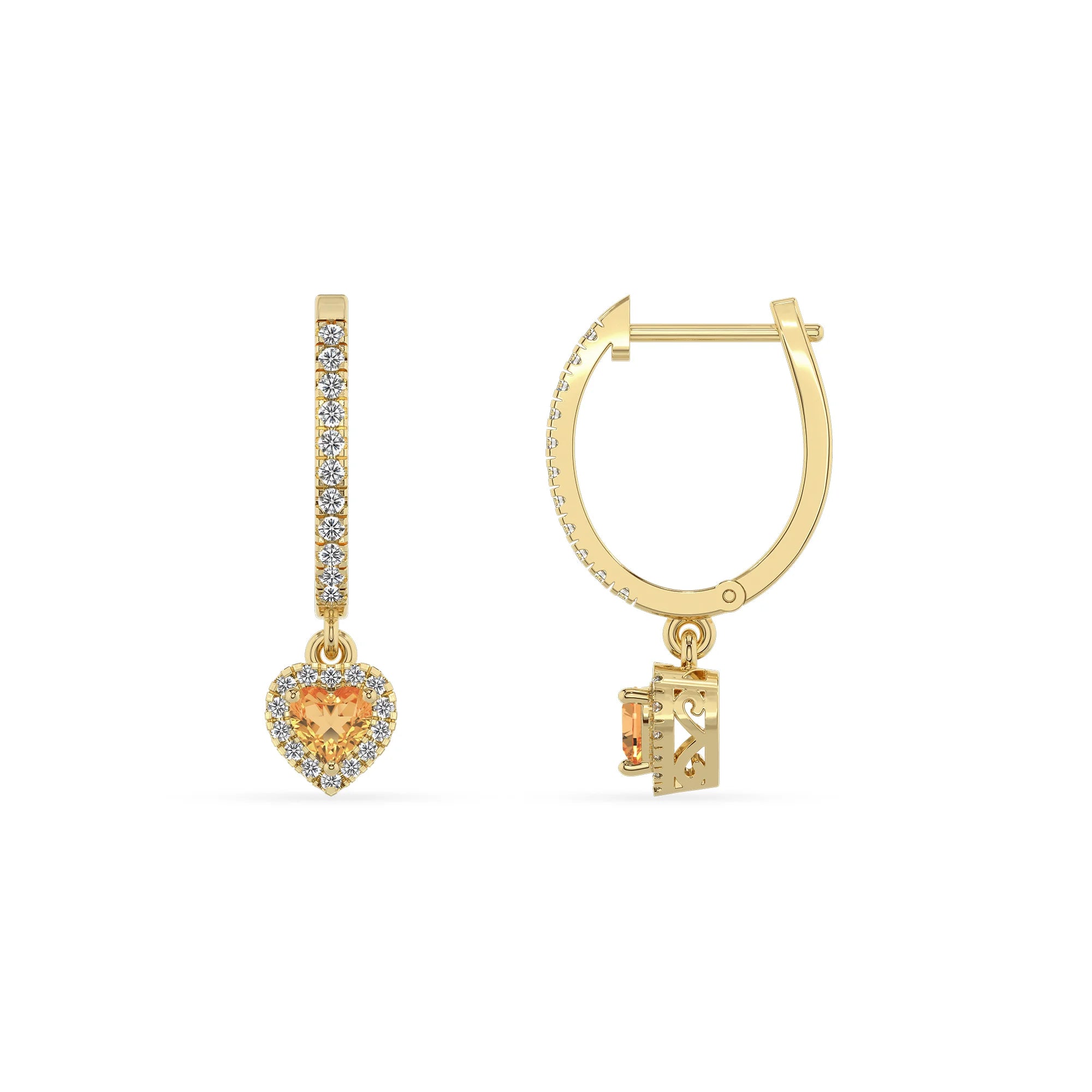 lab grown citrine heart drop earrings in yellow gold 