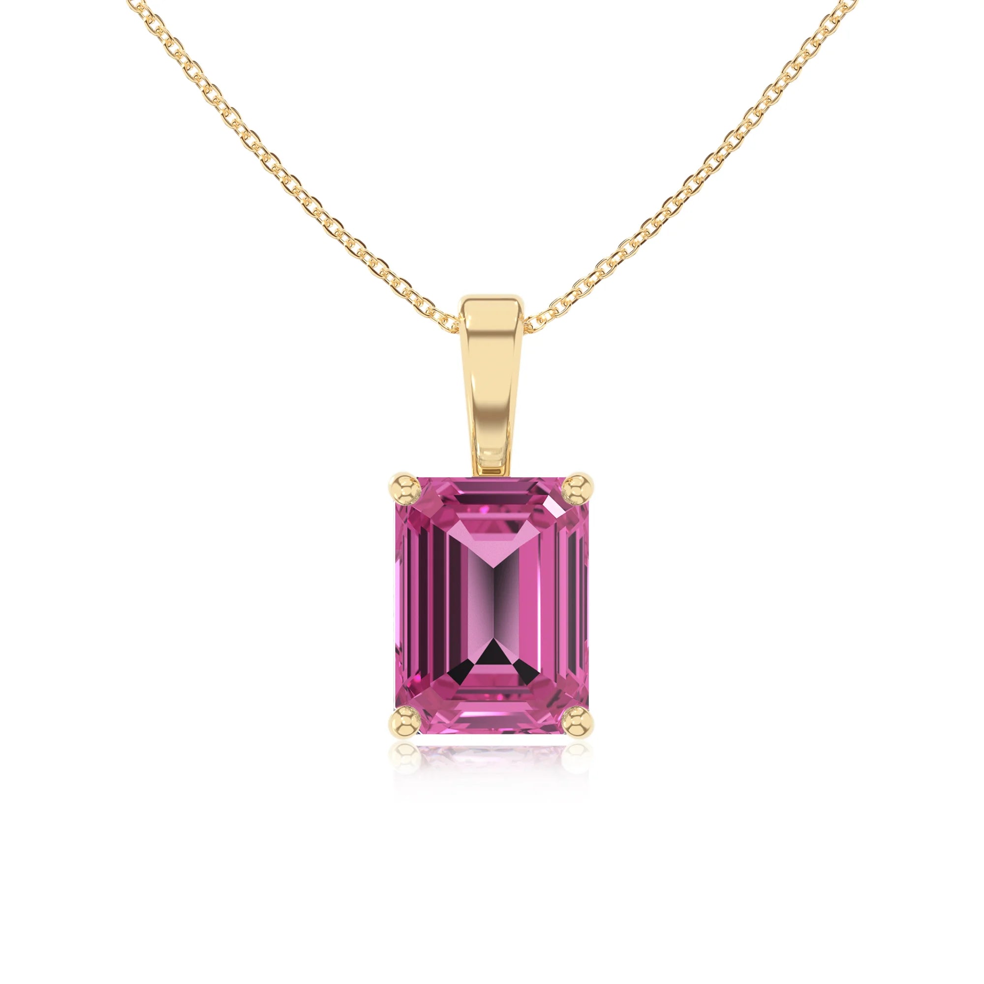 lab grown pink-sapphire emerald cut solitaire necklaces in yellow gold 