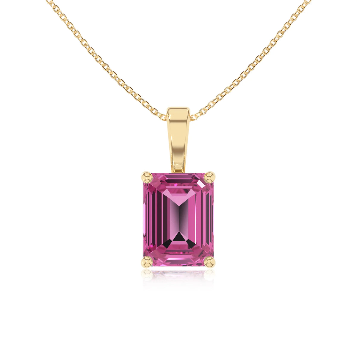 lab grown pink-sapphire emerald cut solitaire necklaces in yellow gold 