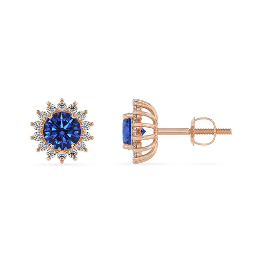 lab grown blue sapphire round stud earrings in rose gold 