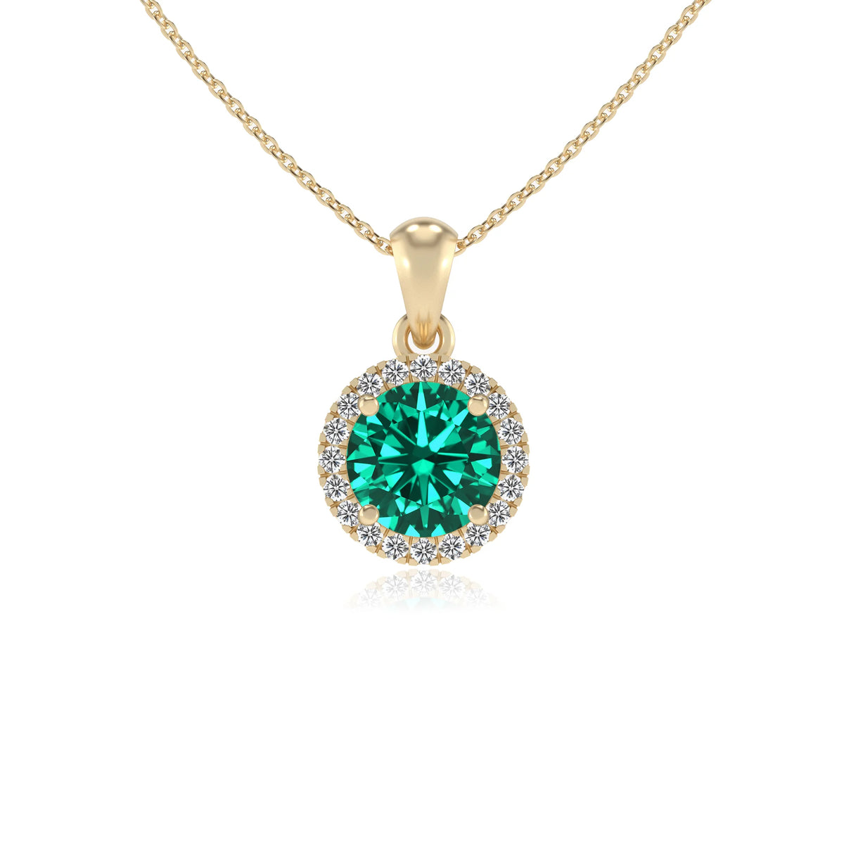 lab grown emerald round solitaire necklaces in yellow gold 
