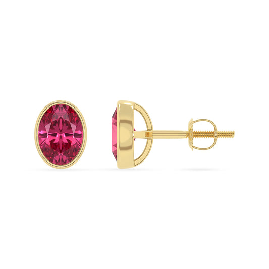lab grown pink tourmaline oval stud earrings in yellow gold 