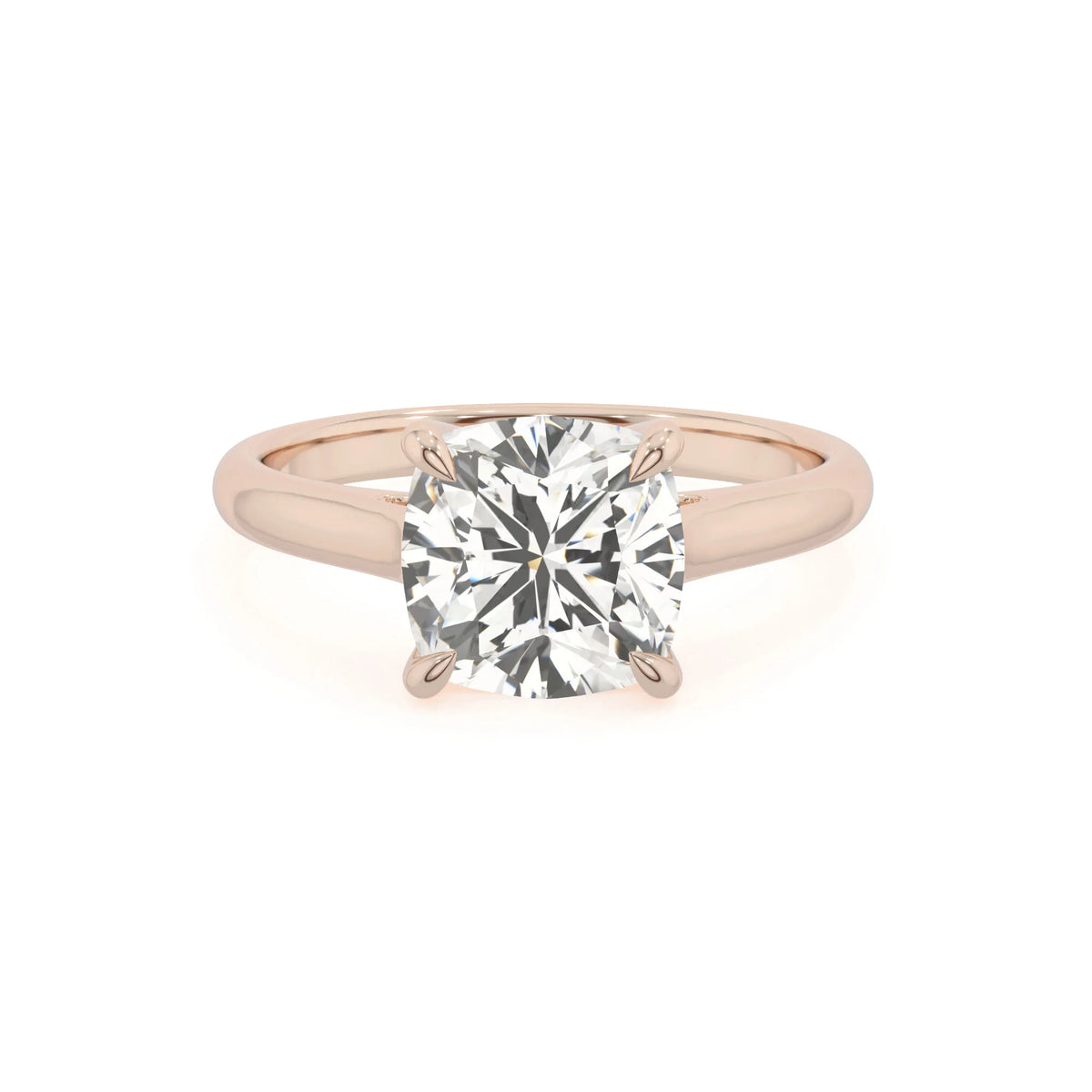 lab grown moissanite cushion solitaire rings in rose gold 