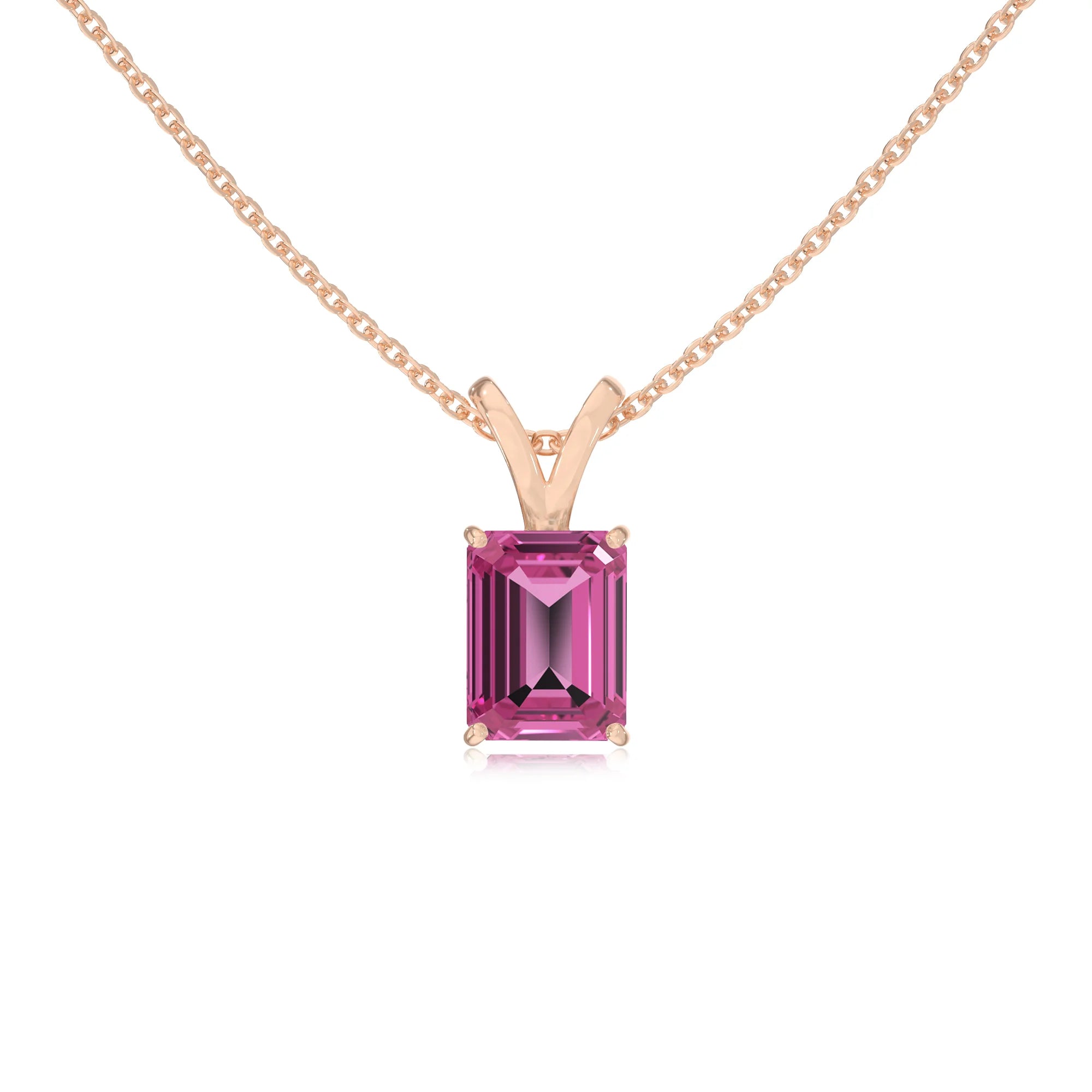 lab grown pink-sapphire emerald cut solitaire v-bale necklaces in rose gold 