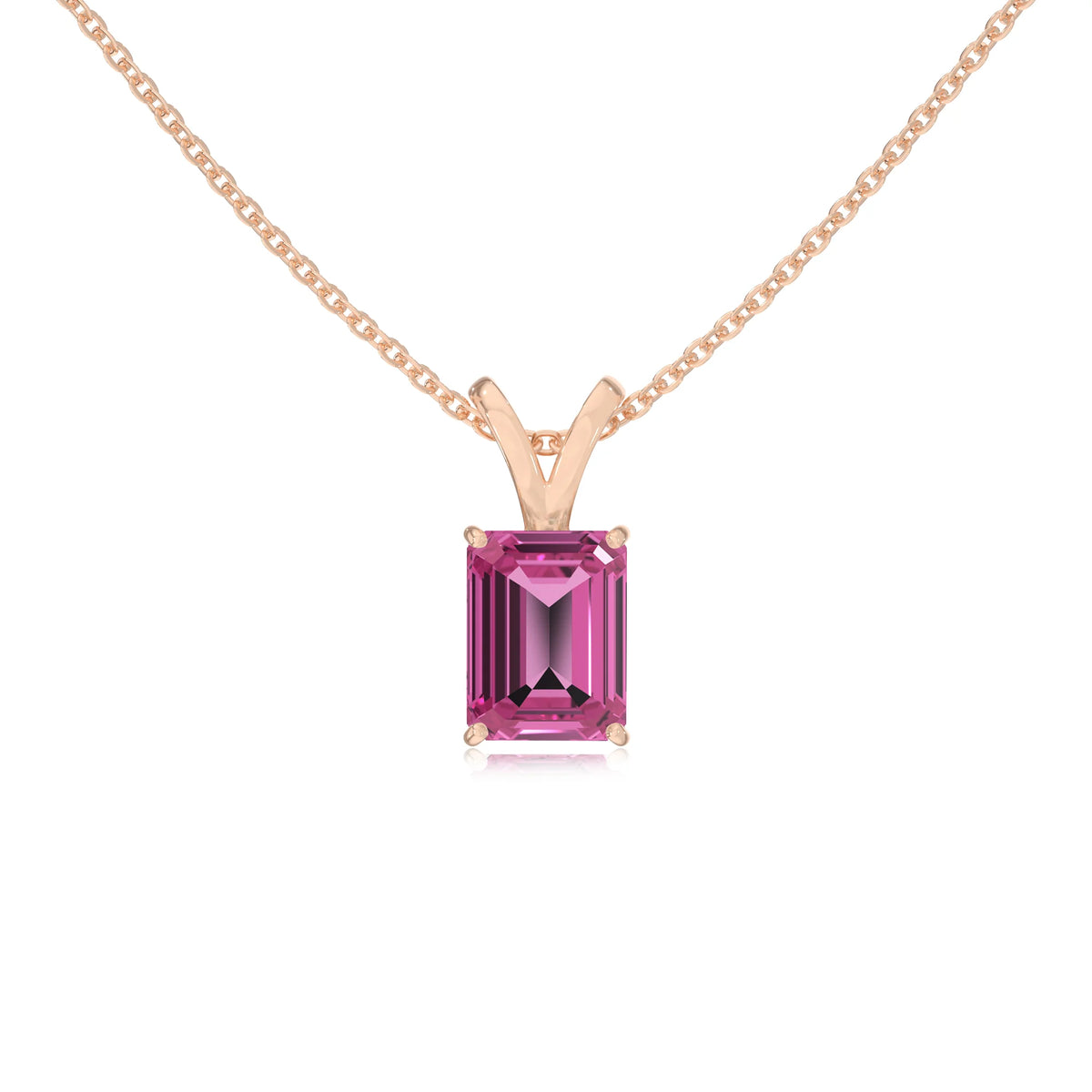 lab grown pink-sapphire emerald cut solitaire v-bale necklaces in rose gold 