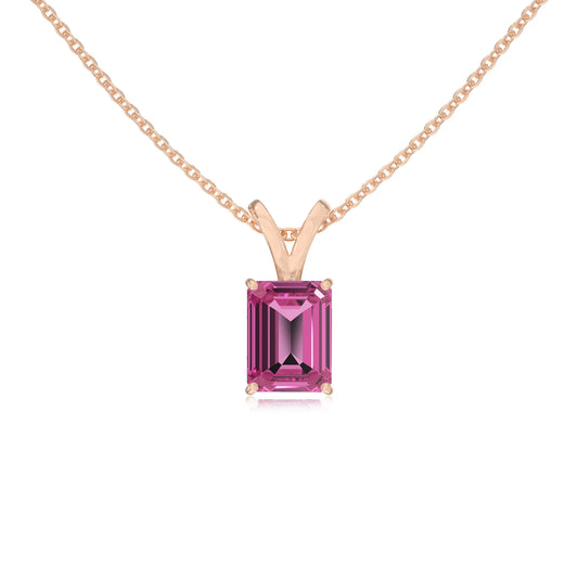lab grown pink-sapphire emerald cut solitaire v-bale necklaces in rose gold 