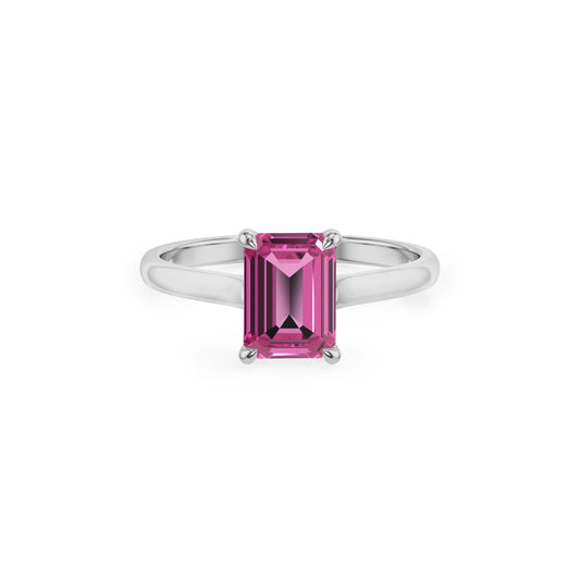 lab grown pink-sapphire emerald cut solitaire rings in platinum 