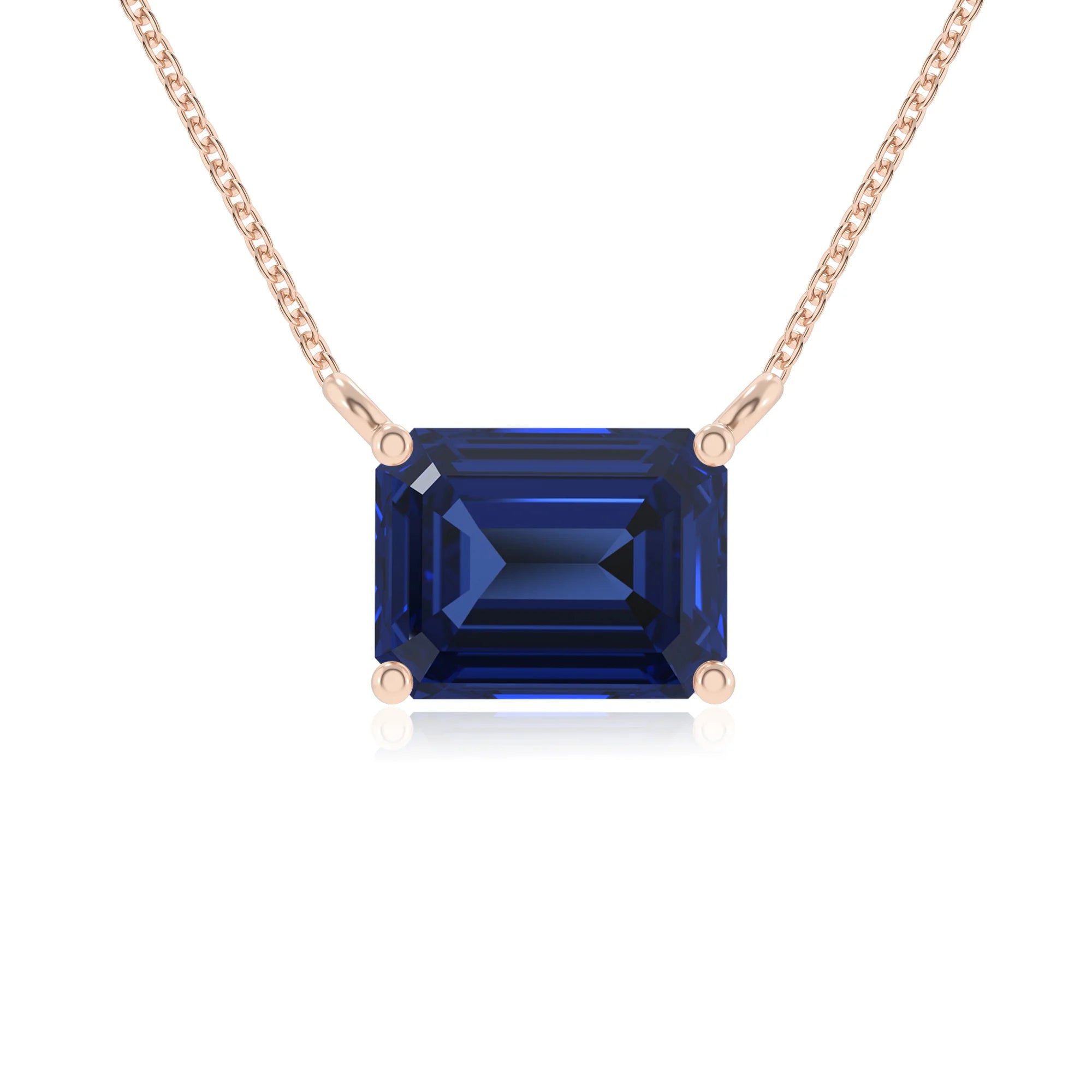 lab grown blue-sapphire emerald cut solitaire necklaces in rose gold 