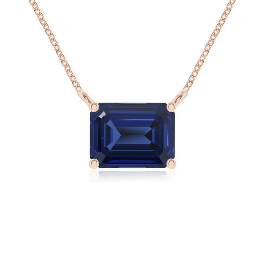 lab grown blue-sapphire emerald cut solitaire necklaces in rose gold 