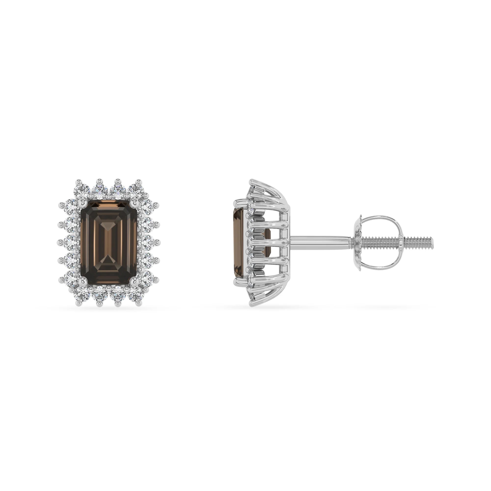 natural smoky quartz emerald cut stud earrings in white gold 