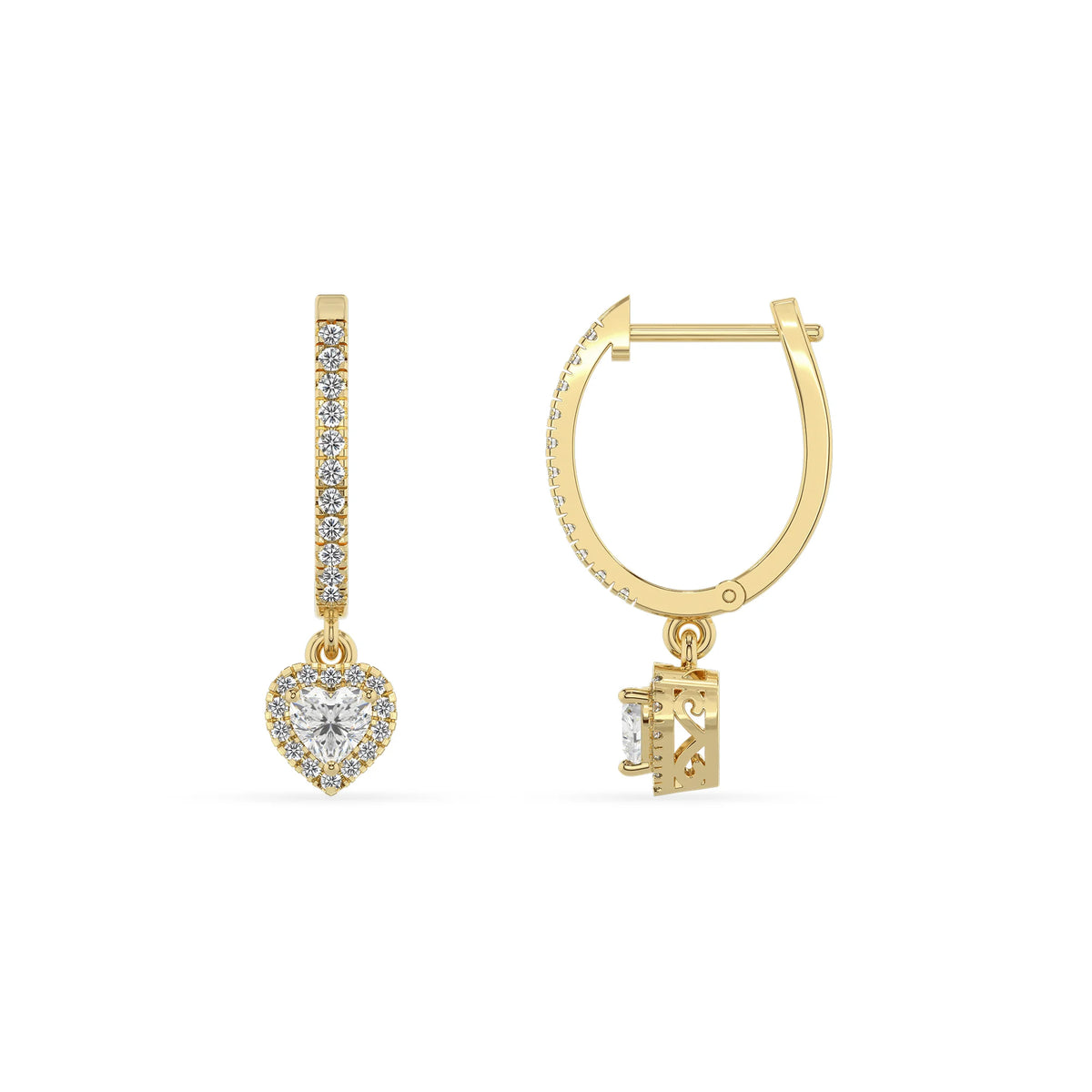 lab grown moissanite heart drop earrings in yellow gold 