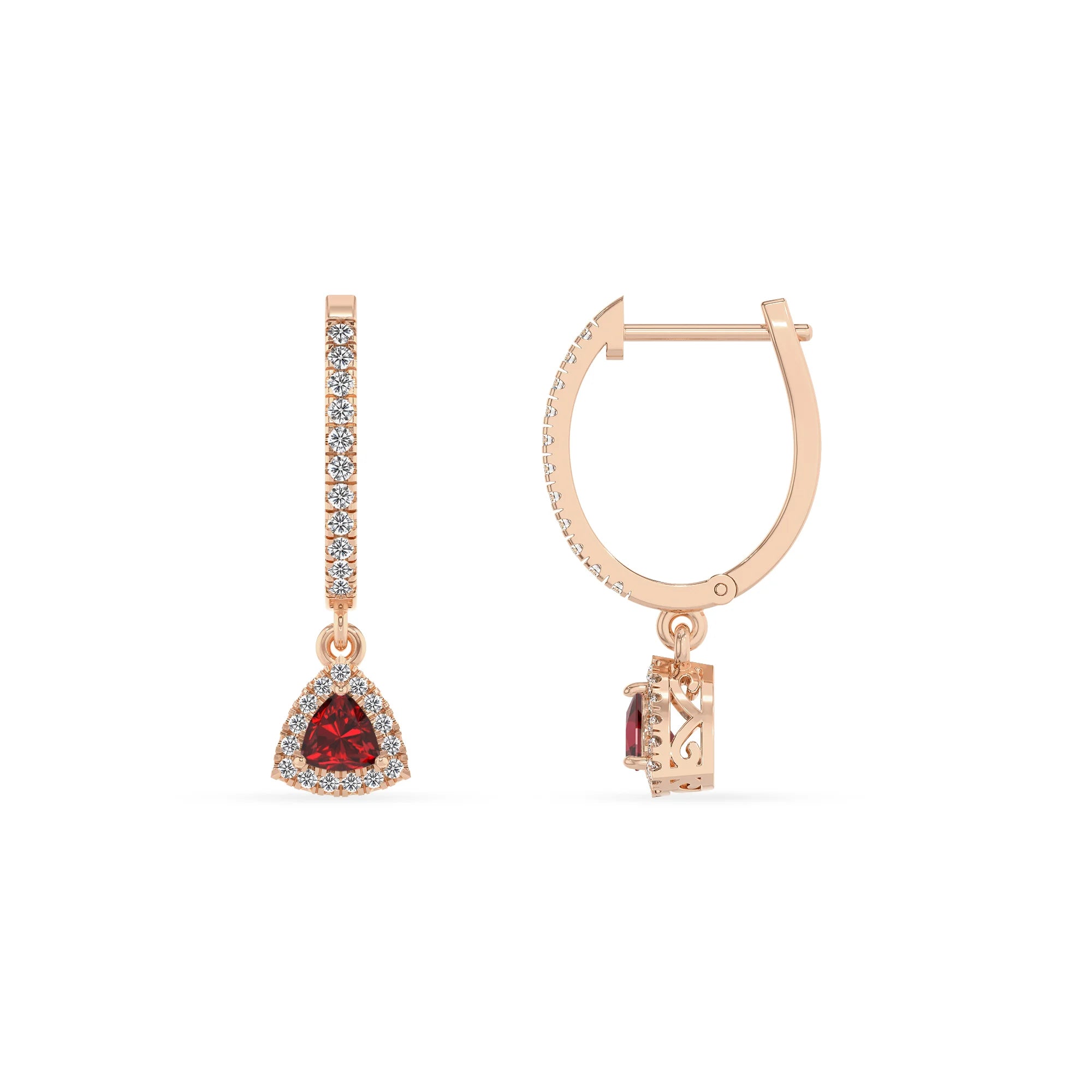 lab grown ruby trillion drop earrings in rose gold 