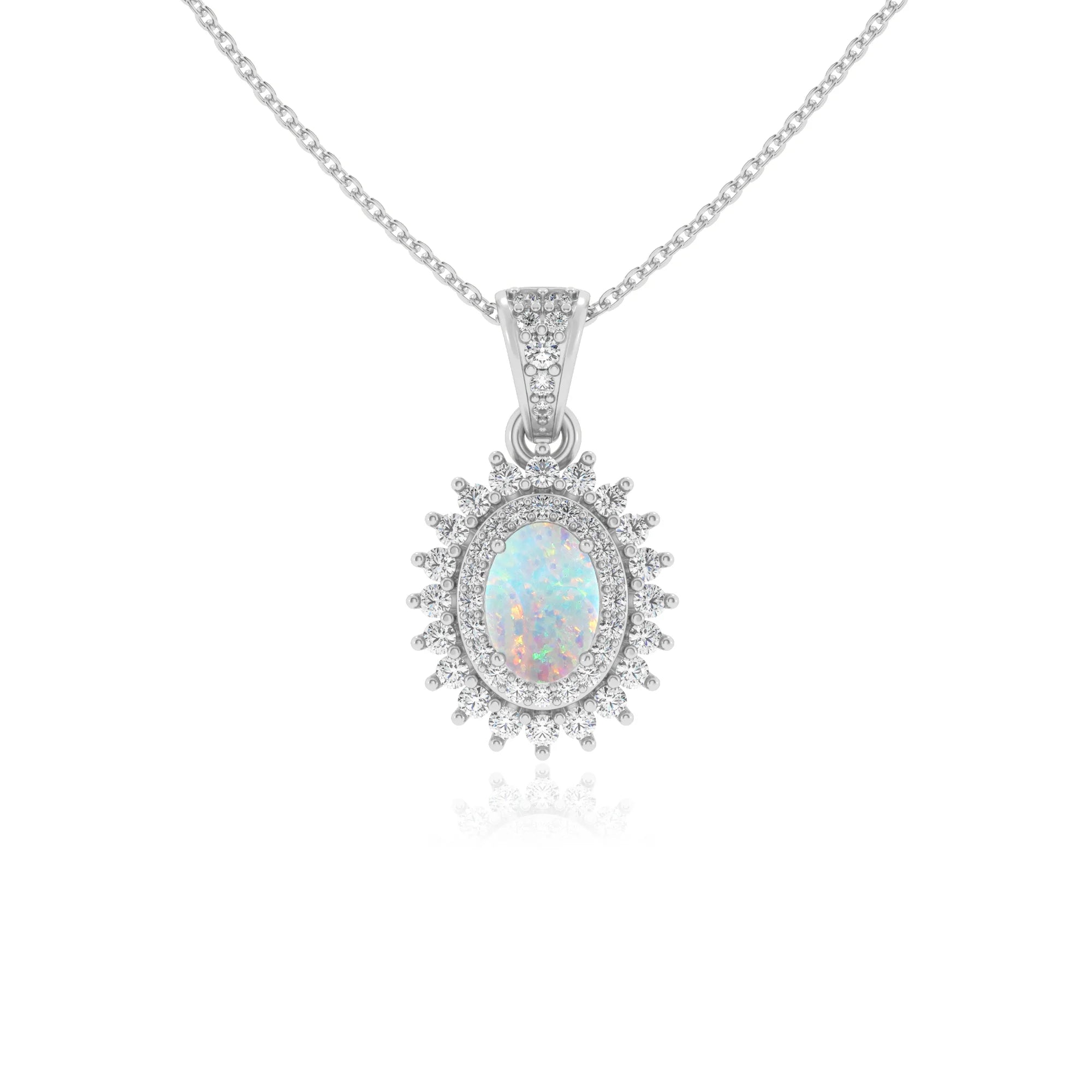 lab grown opal oval halo necklaces in sterling silver 