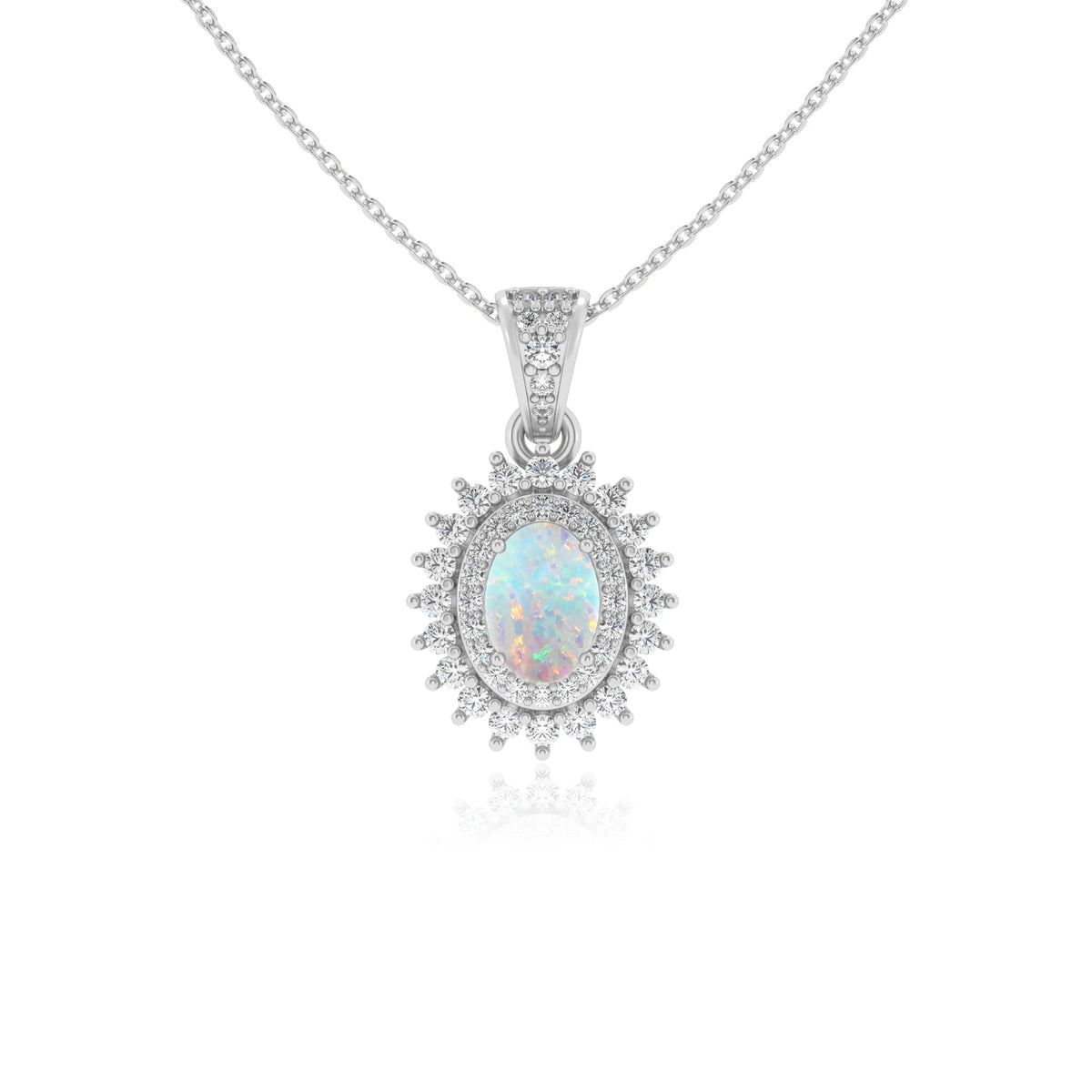 lab grown opal oval halo necklaces in sterling silver 