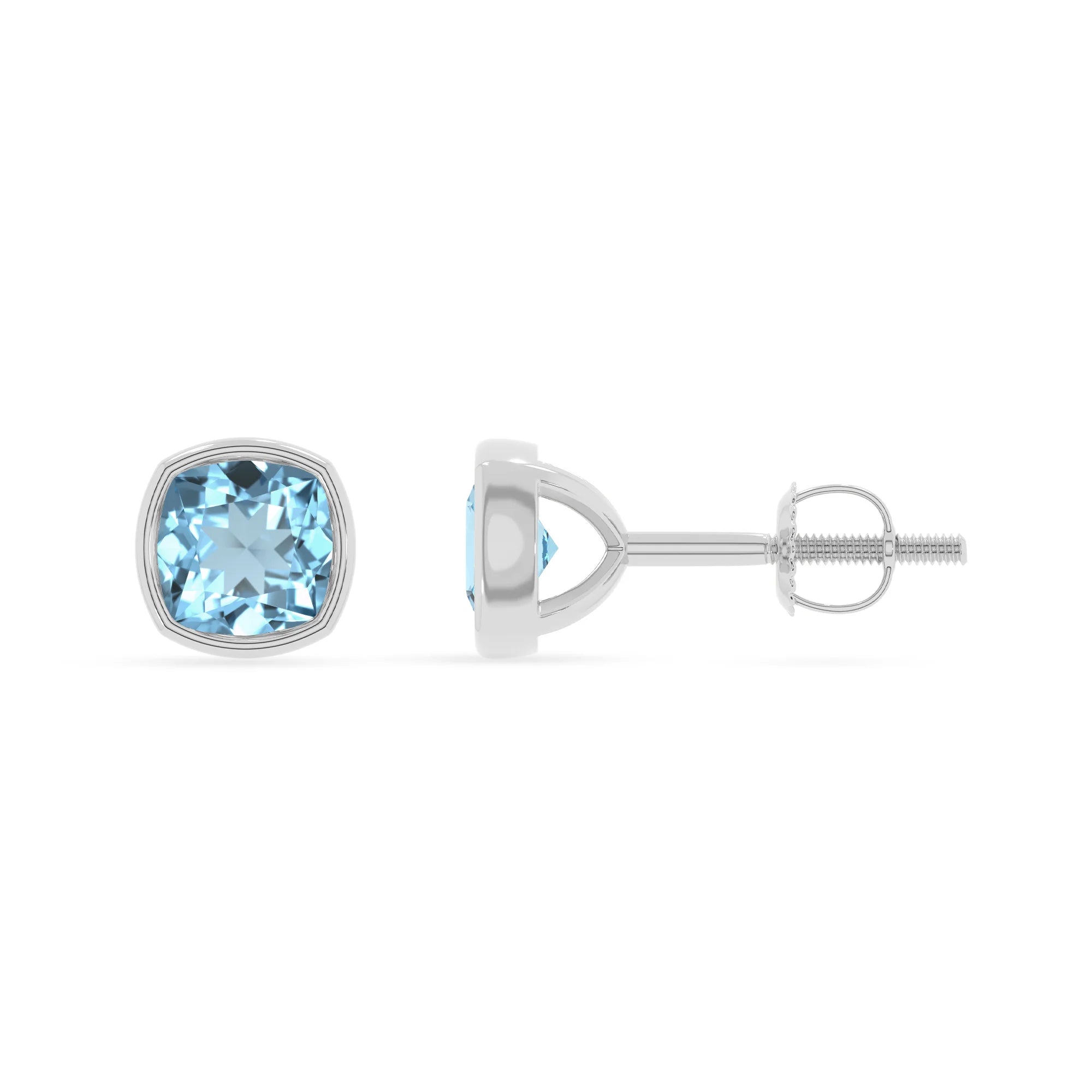 lab grown aquamarine cushion stud earrings in white gold 