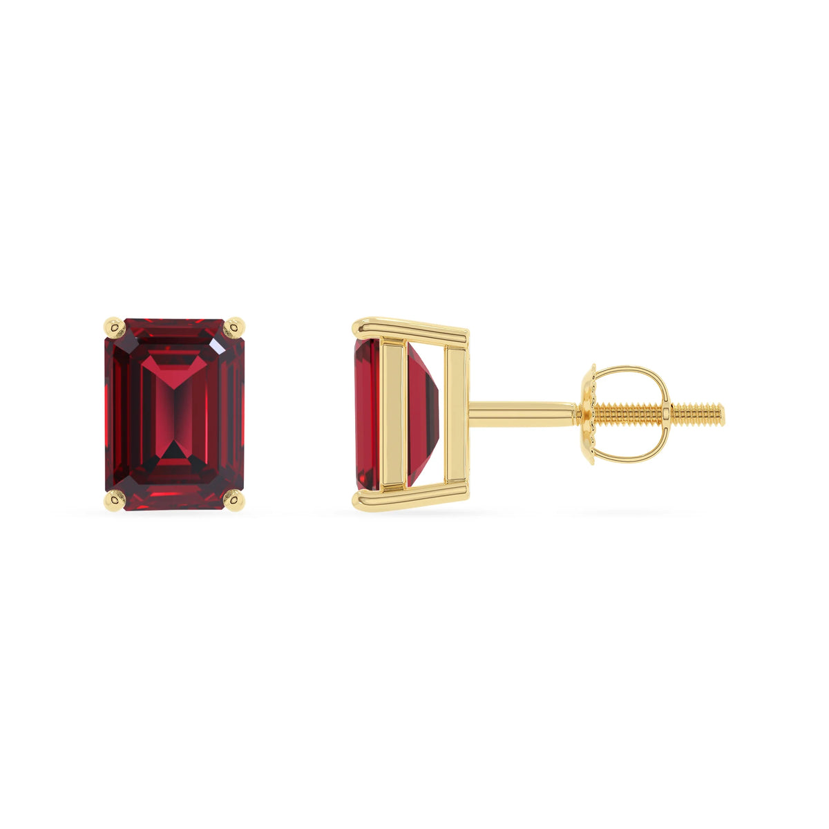 lab grown ruby emerald cut stud earrings in yellow gold 