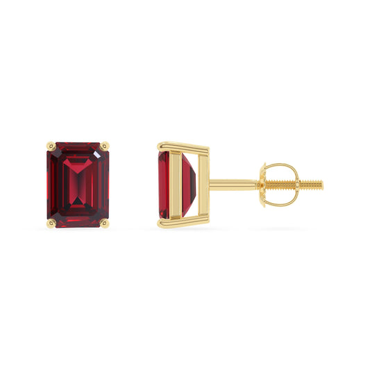 lab grown ruby emerald cut stud earrings in yellow gold 
