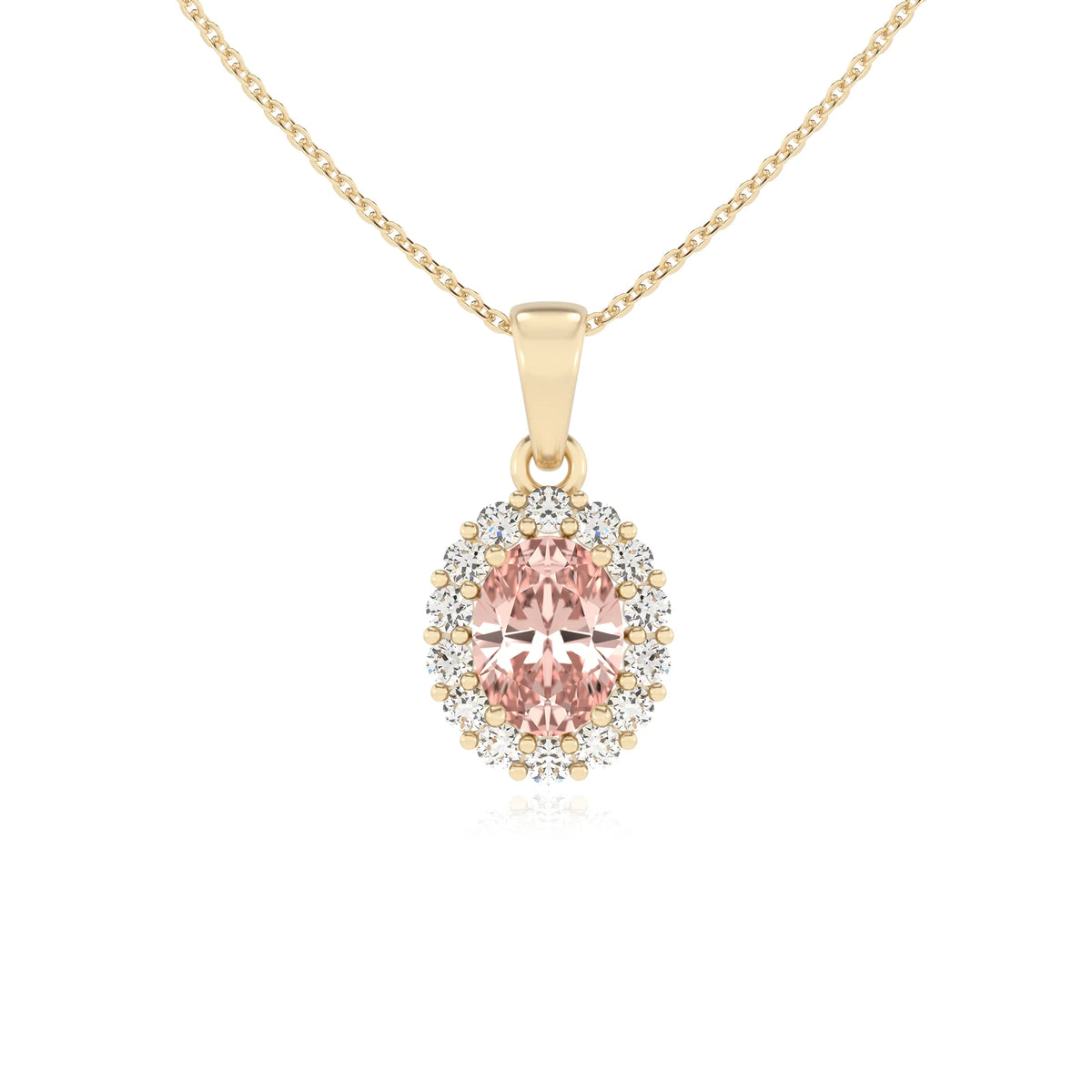 lab grown morganite oval solitaire necklaces in yellow gold 