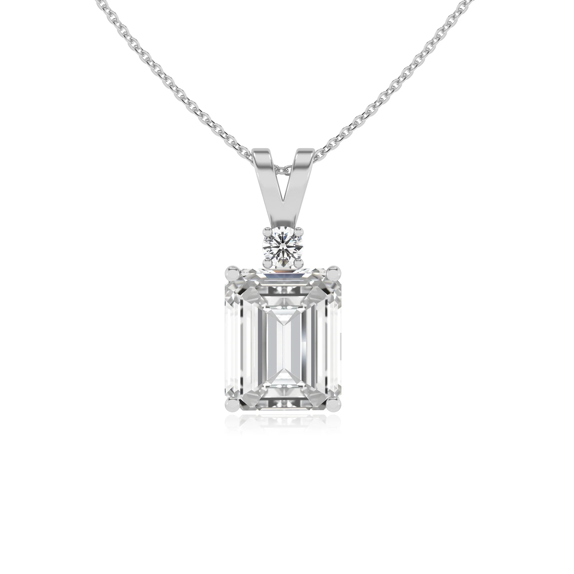 lab grown moissanite emerald cut solitaire v-bale necklaces in white gold 