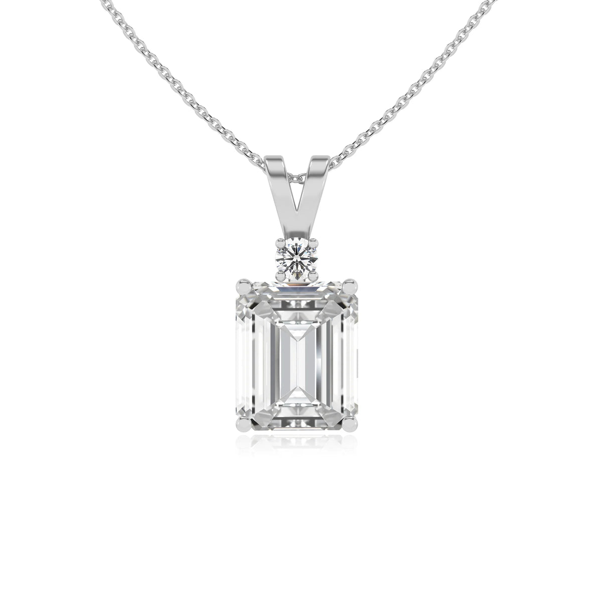 lab grown moissanite emerald cut solitaire v-bale necklaces in white gold 