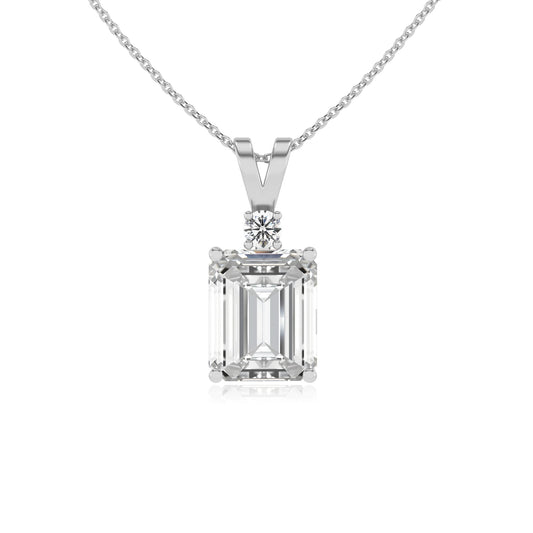 lab grown moissanite emerald cut solitaire v-bale necklaces in white gold 