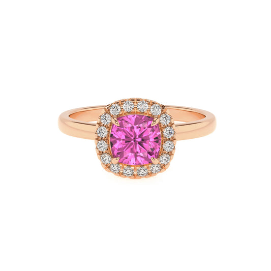 lab grown pink-sapphire cushion solitaire rings in rose gold 