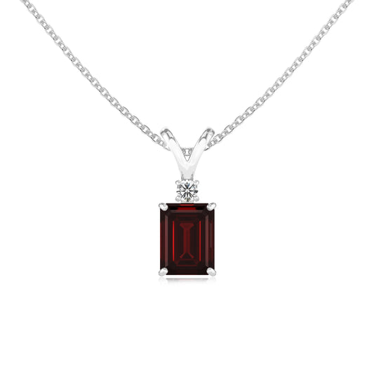 natural garnet emerald cut solitaire v-bale necklaces in platinum 