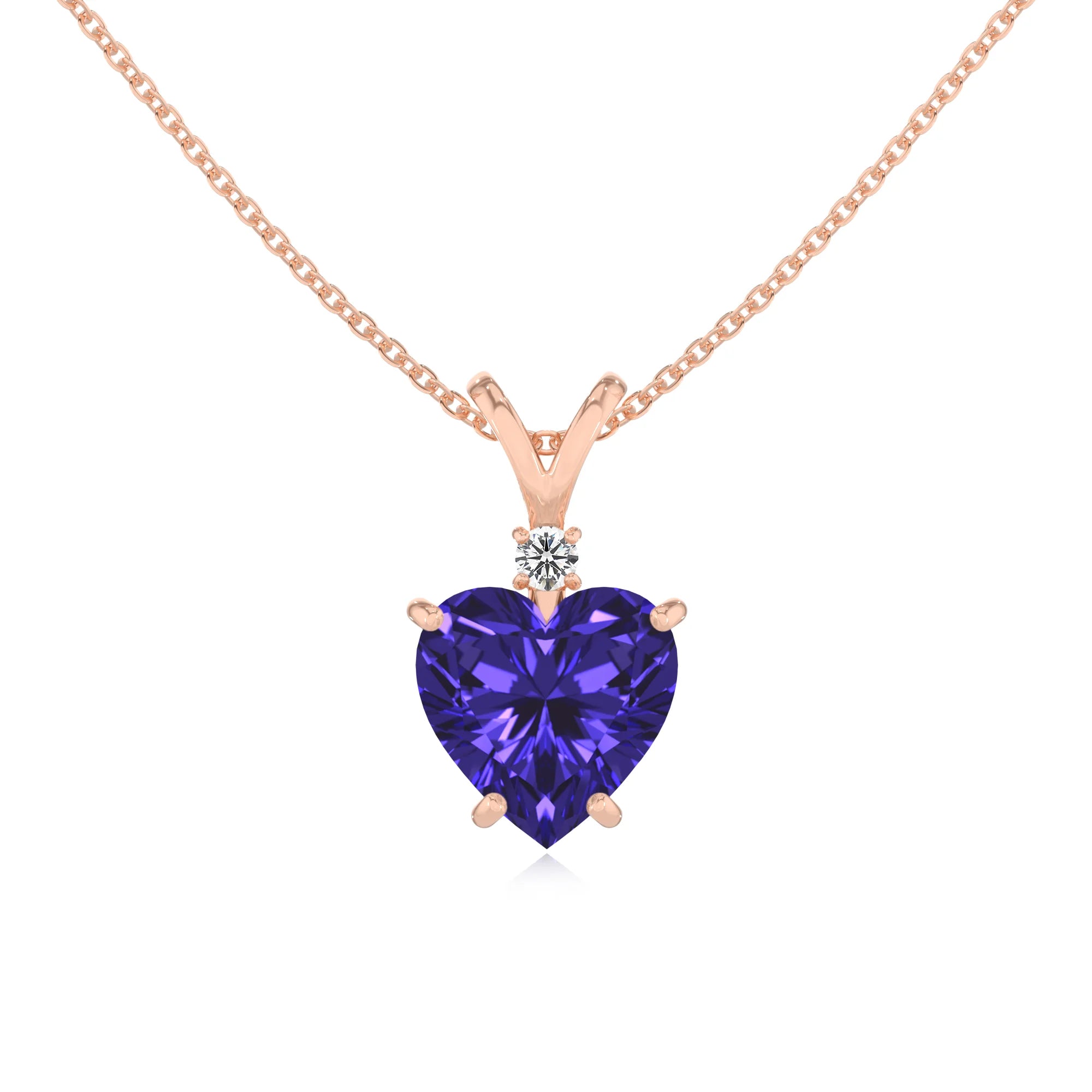 lab grown tanzanite heart solitaire v-bale necklaces in rose gold 