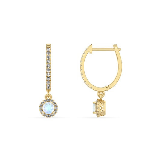 natural rainbow moonstone round drop earrings in yellow gold 