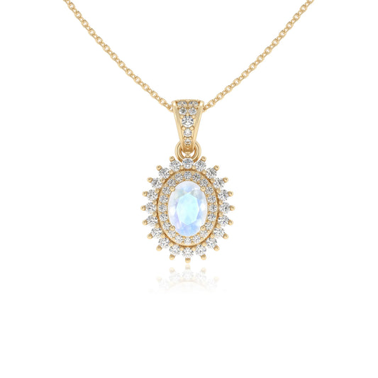 natural rainbow-moonstone oval halo necklaces in yellow gold 