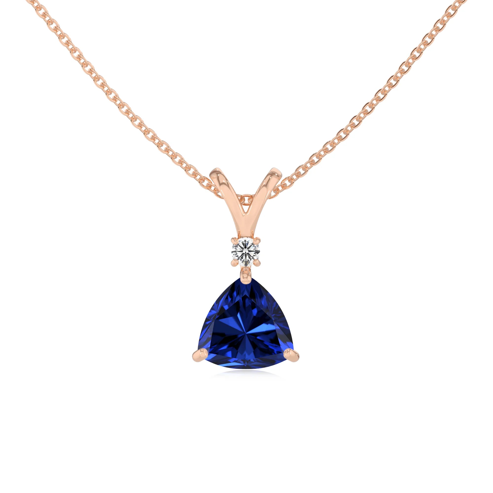 lab grown blue-sapphire trillion solitaire v-bale necklaces in rose gold 