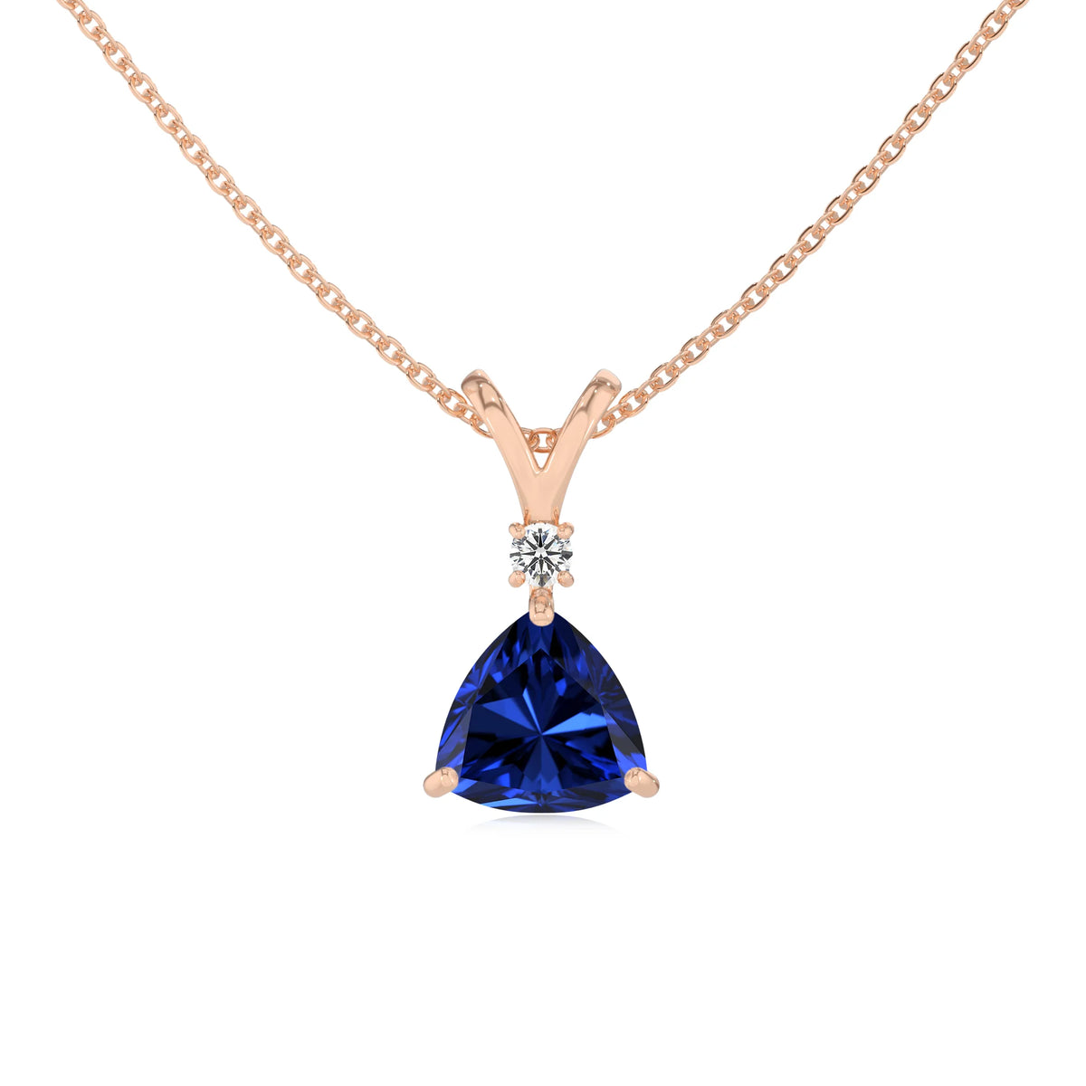 lab grown blue-sapphire trillion solitaire v-bale necklaces in rose gold 