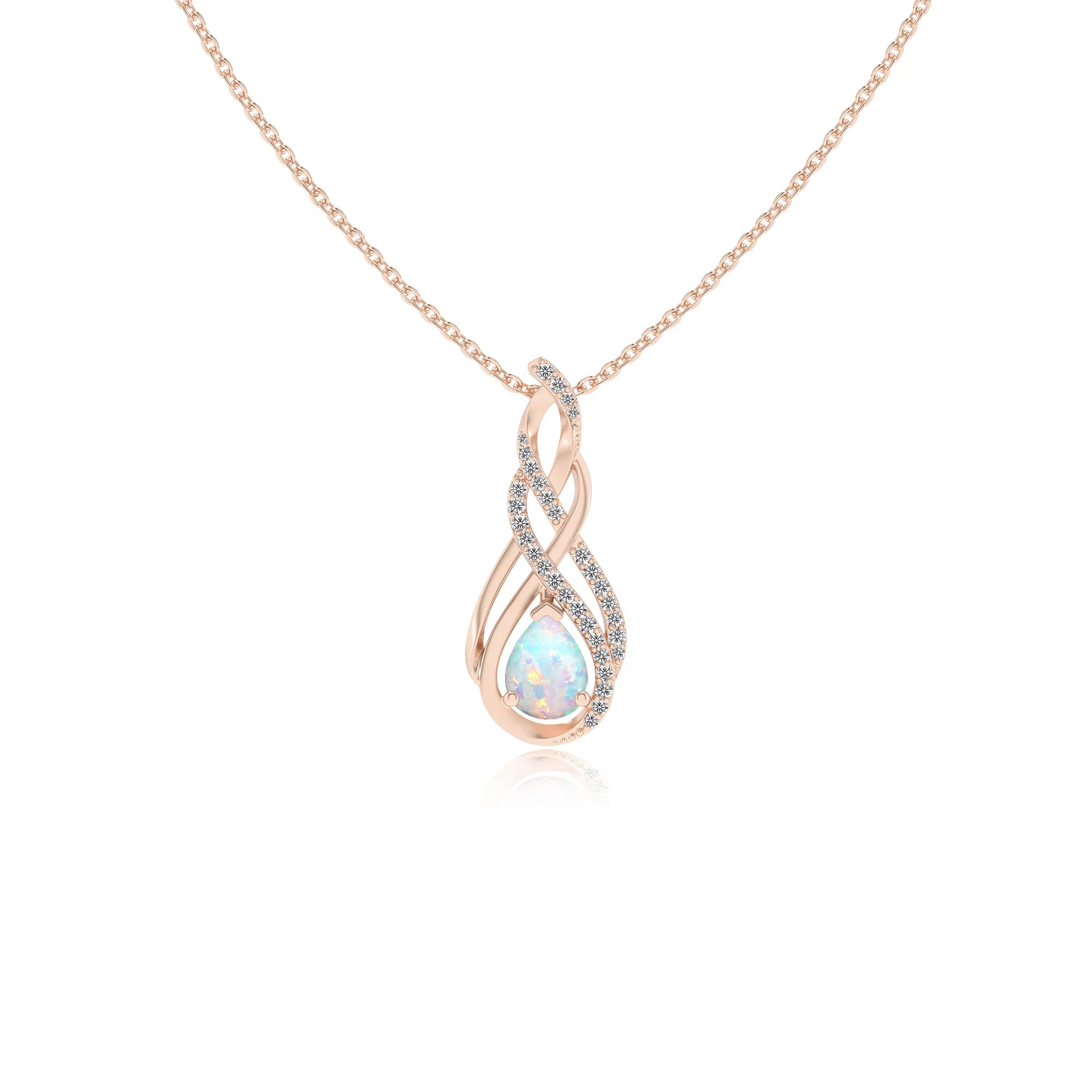 lab grown opal pear solitaire necklaces in rose gold 