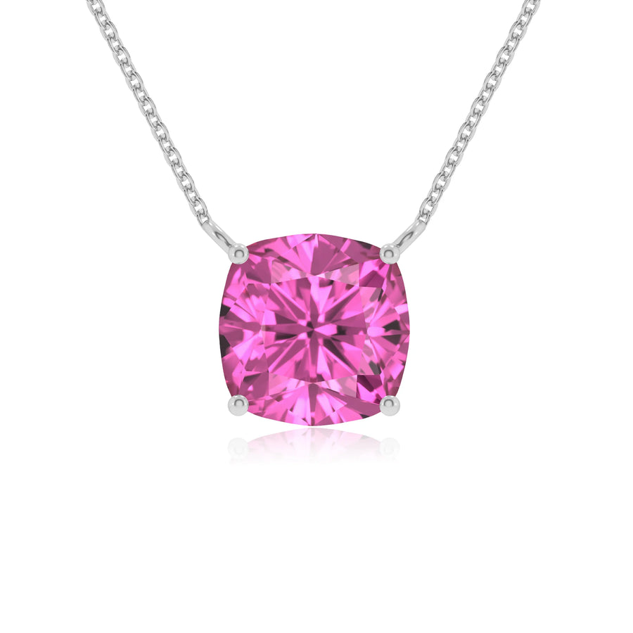 lab grown pink-sapphire cushion solitaire necklaces in sterling silver 